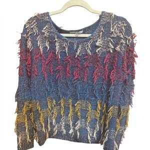 Ivory Rose Art Fringe Statement Sweater | Indigo Purple Festival Knit | S